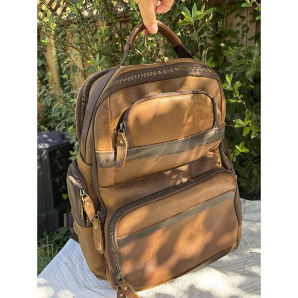 TIDING Full Grain Leather Backpack Travel Laptop Bag 15.6” Large Capacity Brown - Picture 9 of 16